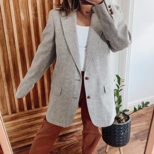 Vintage Wool Long Gingham Tweed Jacket. Size 8